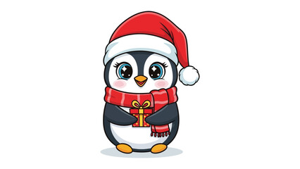 Festive Penguin: An adorable penguin, clad in a Santa hat and a cozy scarf, clutches a neatly wrapped gift, embodying the spirit of celebration and cheer. 