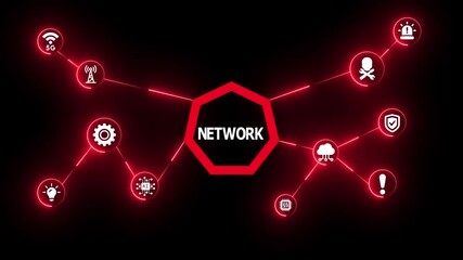 Glowing red digital visualization showing futuristic network connections linking technology, communication, data transfer, and system infrastructure. - Powered by Adobe