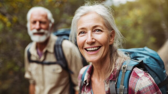 A joyful senior couple is hiking through a green forest trail. The woman smiles brightly while her partner stands behind her, both wearing backpacks. It's a beautiful, sunny day.