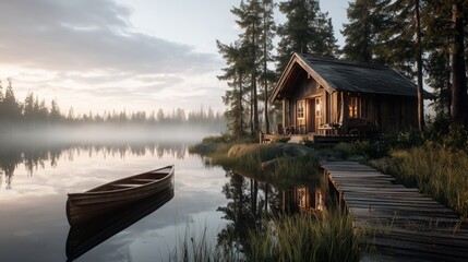 Fototapeta premium Scenic cabin by calm lake with boat at sunrise amidst tranquil forest scenery