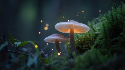 Enchanting bioluminescent mushrooms glowing in a dark enchanted forest at night