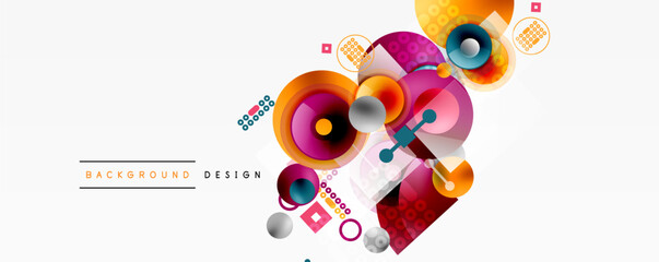 Obraz premium Abstract colorful design. Circles, squares, dots create modern composition. Background elements suggest dynamic visual experience.