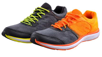Pair of athletic running shoes with bright orange and neon yellow laces on black background