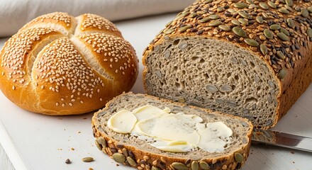 Freshly baked artisan bread and roll with buttered slice on a white surface