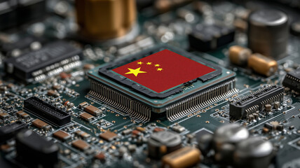China flag displayed on a CPU chip represents technology and innovation