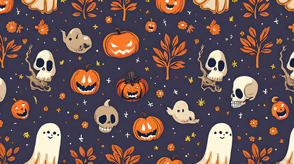 Festive Halloween Pattern with Pumpkins, Ghosts, and Skulls for Spooky Celebrations