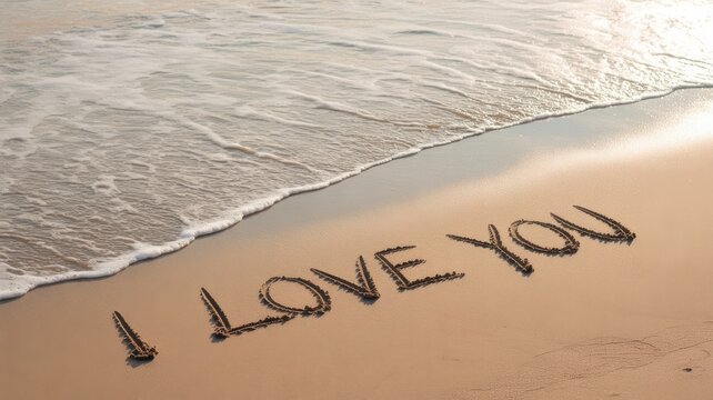 I love you message written in sand washed by gentle ocean waves on a tropical beach