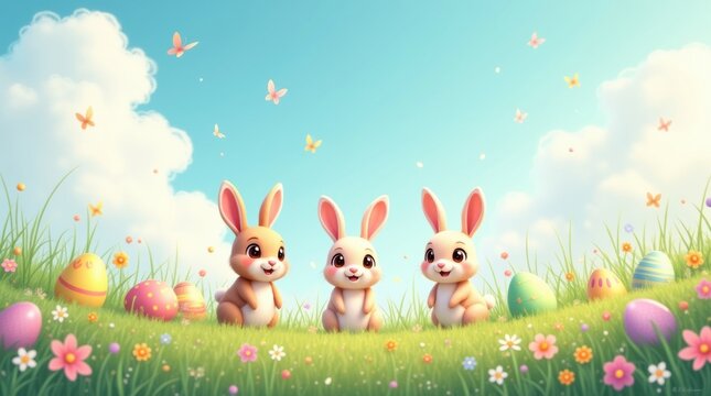 Adorable cartoon bunnies celebrate Easter surrounded by colorful eggs and fluttering butterflies in a vibrant spring meadow
