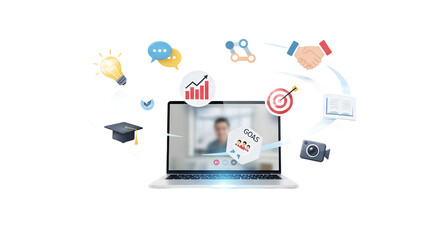 Laptop with floating education icons — perfect for e-learning, online courses, or digital training concepts