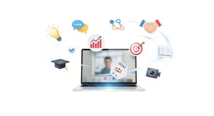 Laptop with floating education icons — perfect for e-learning, online courses, or digital training concepts