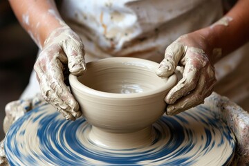 Person hands working pottery wheel is wearing forming white raw