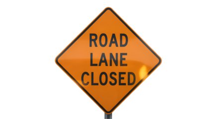 Road Lane Closed warning sign against black background, alerting drivers of construction, traffic issues, and detours on the roadway