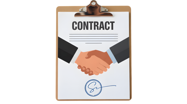 Business contract agreement document with handshake illustration symbolizing successful deal, signed contract, and collaboration