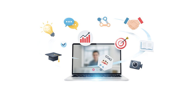 Laptop with floating education icons — perfect for e-learning, online courses, or digital training concepts
