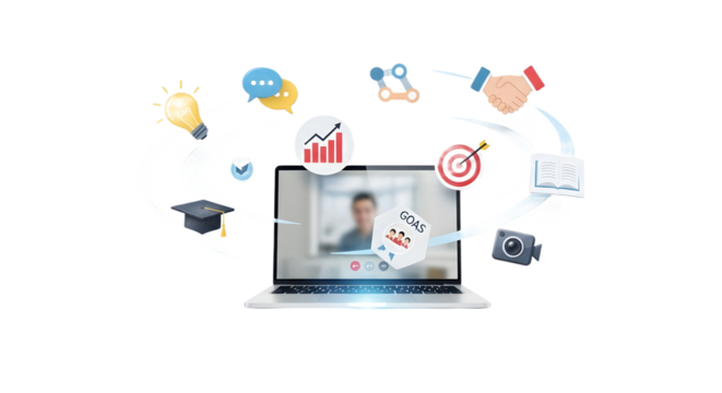 Laptop with floating education icons — perfect for e-learning, online courses, or digital training concepts