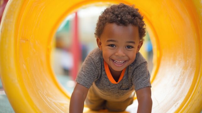 Young boy enjoys crawling through a colorful tunnel radiating happiness in a play area.