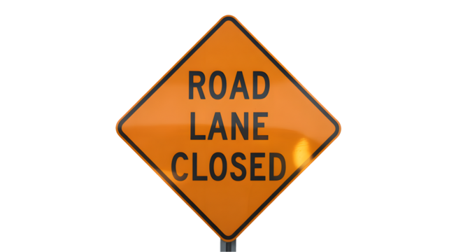 Road Lane Closed warning sign against black background, alerting drivers of construction, traffic issues, and detours on the roadway