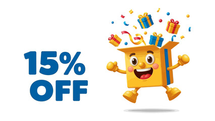 Deals & Delights: A cheerful character box gleefully springs to life, adorned with gift boxes, confetti, and an enticing 15% OFF banner, perfect for conveying excitement for savings and specials.