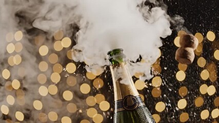 Close-Up of Elegant Champagne Bottle with Cork and Gold Bokeh Lights in the Background, Perfect for Celebrations, New Year, and Festive Events, Vibrant and Luxurious Atmosphere - Powered by Adobe