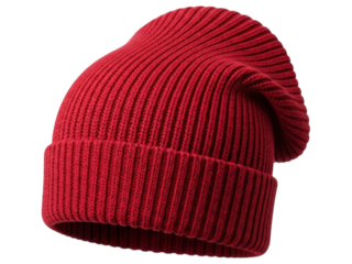 Knitted red beanie hat, angled on a black background with smooth fabric texture
