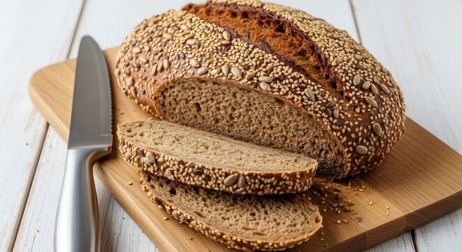 Freshly baked whole grain bread with sesame seeds sliced on a wooden cutting board with a knife