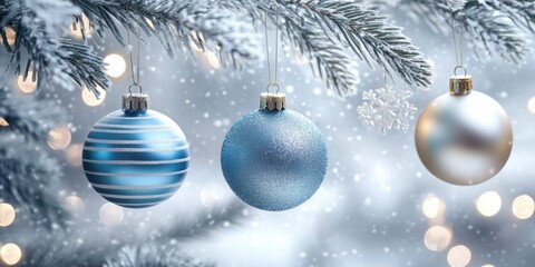 Close-up Christmas tree branch several colorful ornaments hanging banner with blue