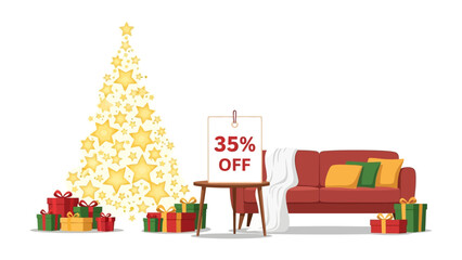 Festive Savings: A cozy holiday scene, where a Christmas tree made of stars casts its festive glow. A charming setting showcases the essence of holiday offers with a 35% discount offer.