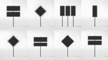 Blank directional road signs and warning signs provide clear guidance for navigation and safety, ready for your custom text