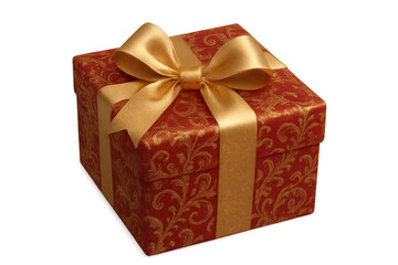 Obraz premium Gift box wrapped in ornate red and gold paper with a shining golden ribbon and bow, symbolizing celebration, gifting, and surprise