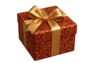 Gift box wrapped in ornate red and gold paper with a shining golden ribbon and bow, symbolizing celebration, gifting, and surprise