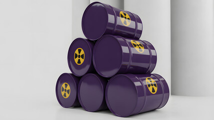 Cautionary purple barrels stacked with radiation hazard symbols symbolizing dangerous waste storage and transport needs for industry professionals.