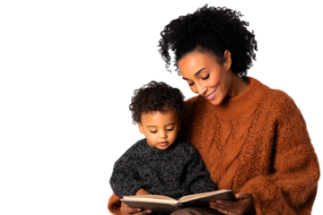 portrait of cute couple: black / spanish ethnicity woman and her toddler are reading christmas / good night fairytale; cozy winter home reading scene isolated over white (transparent)