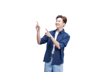 Joyful Guidance: A young individual points upward, radiating enthusiasm, signaling a sense of direction, progress, and aspiration. 