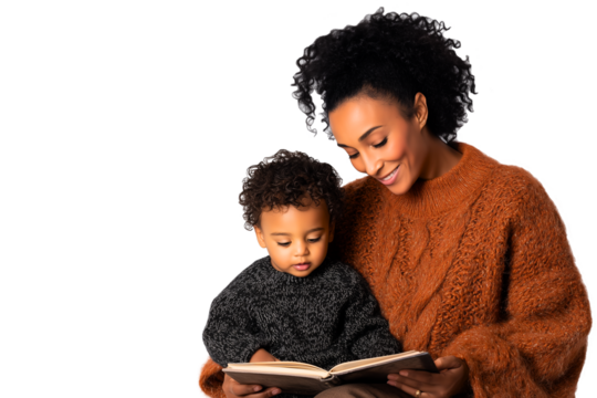 portrait of cute couple: black / spanish ethnicity woman and her toddler are reading christmas / good night fairytale; cozy winter home reading scene isolated over white (transparent) - Powered by Adobe