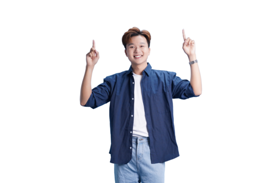 Joyful Revelation: An Asian man beams with a smile, pointing upward with both hands, filled with excitement and happiness, illuminating the frame.