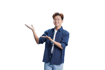 Enthusiastic Presentation: A vibrant individual, radiating positivity and confidence, gestures invitingly, showcasing an unseen concept or idea. 