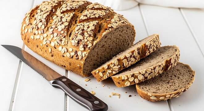 Freshly baked whole grain sourdough bread with oats and seeds sliced on a white wooden table with a knife