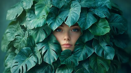 Woman's face surrounded by large green leaves creating a nature themed portrait view