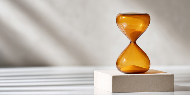 A brown glass hourglass on a white pedestal, with sand flowing down from the top bulb to bottom bulb against a neutral background - Powered by Adobe