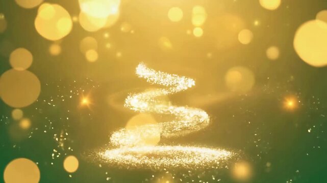 Golden Particle Christmas Tree Reveal, Swirling Glitter on Green and Gold Bokeh Background Animation