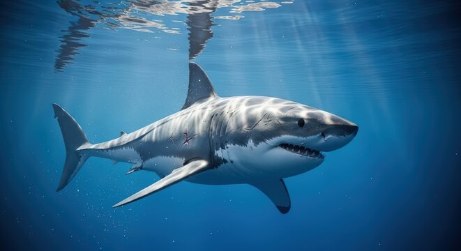 Majestic Great White Shark Gliding Through Sunlit Ocean Waters Underwater Photography