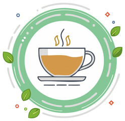 Steaming Tea Cup in Decorative Circle with Green Leaf Accents