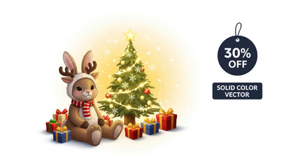 Festive Cheer: A charming, decorative Christmas scene unfolds, featuring a cuddly bear in a reindeer outfit, an illuminated tree, wrapped presents, and a sale tag.