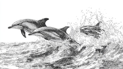 Obraz premium Three dolphins perform acrobatic leaps over crashing waves in a vibrant ocean setting.