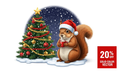 Festive Squirrel with Ornamented Tree: A cheerful squirrel in a Santa hat, holds a cup while enjoying the beautiful Christmas season with fully ornamented Christmas Tree.