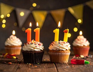 Birthday cupcakes with numerical candles, celebration garland backdrop, and festive treats