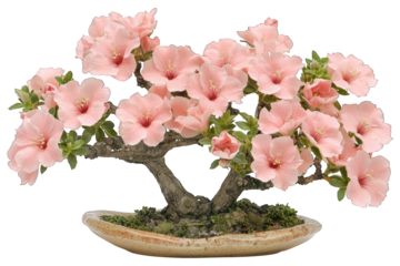Miniature tree blossoms with pastel pink flowers in a shallow oval pot