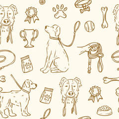 Line art dog training seamless pattern 
