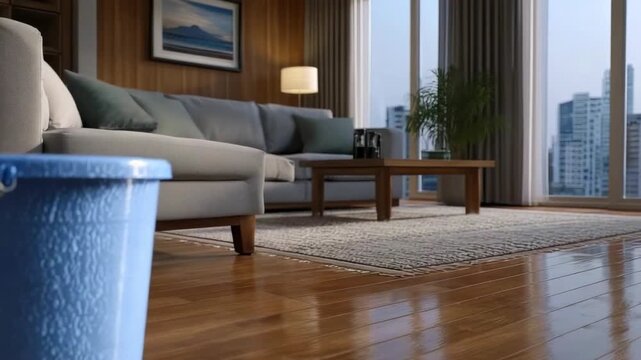 A bright living room features a light-colored sofa a wooden coffee table a patterned rug on a glossy floor and large windows with a city view A blue bucket is in the foreground