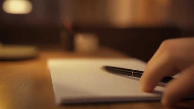 Person's Hand Holding a Pen Over a Blank Notepad on a Wooden Table